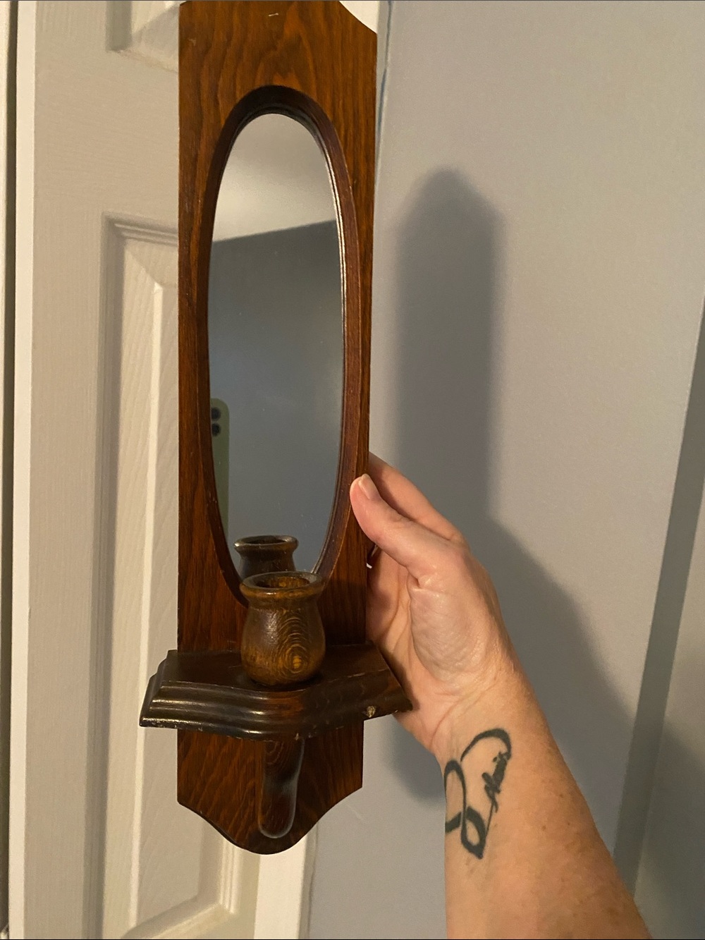 Wood Wall Mirror Shelf with Candle Holder - Brown